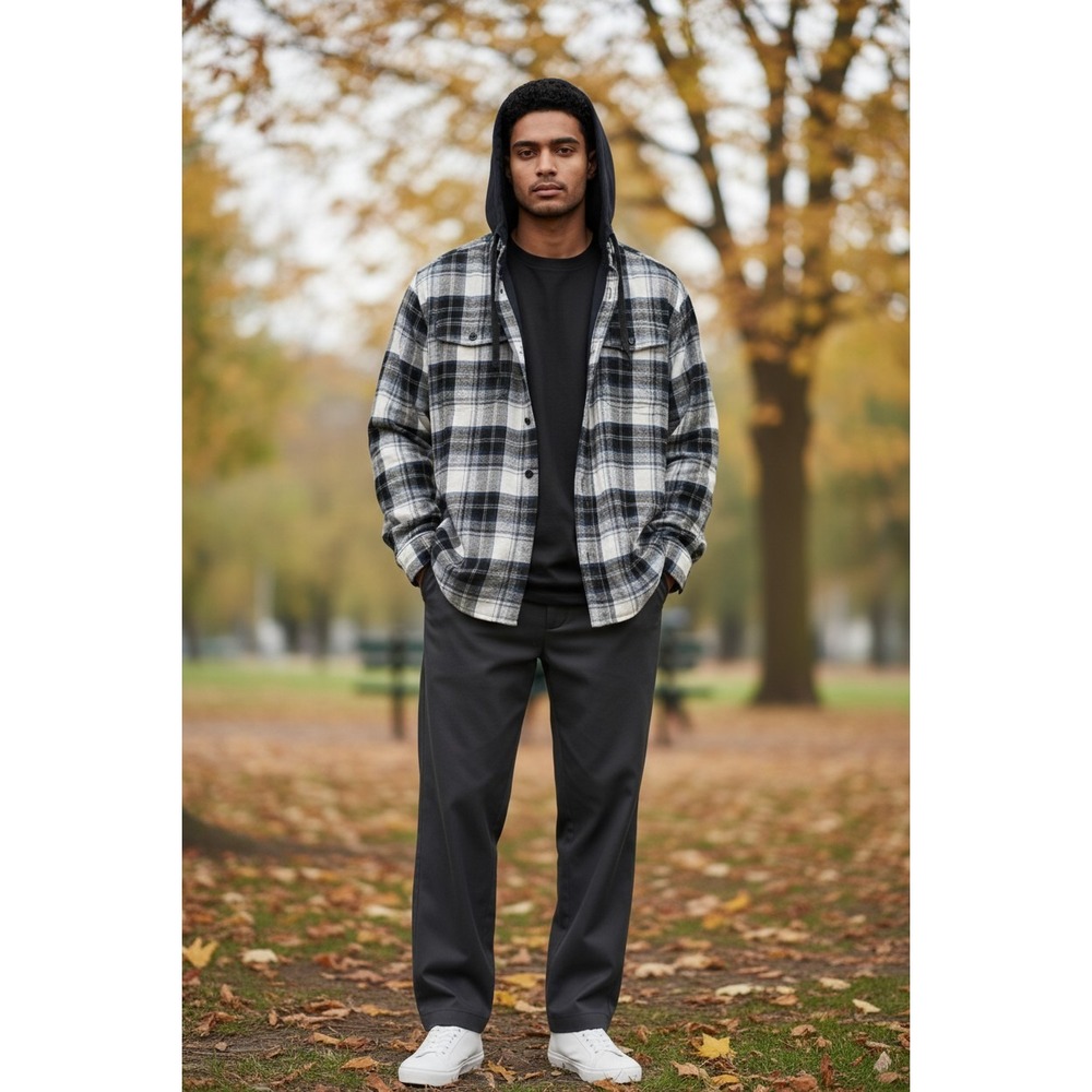 RedHead Brand Co Mens Hooded Flannel Shirt Large Black White Blue Plaid Shacket